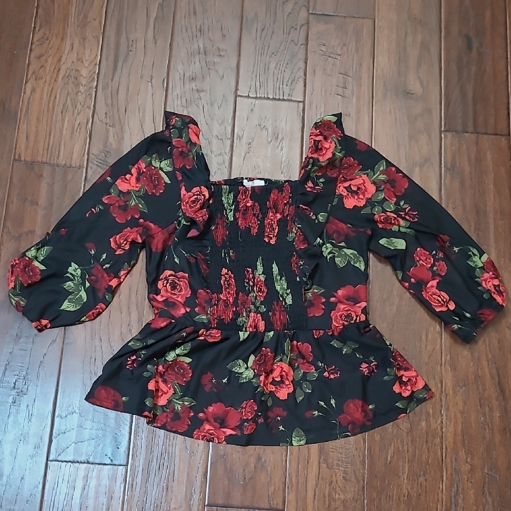 Ember Black Floral Smocked Blouse with Sheer Sleeves size Large
